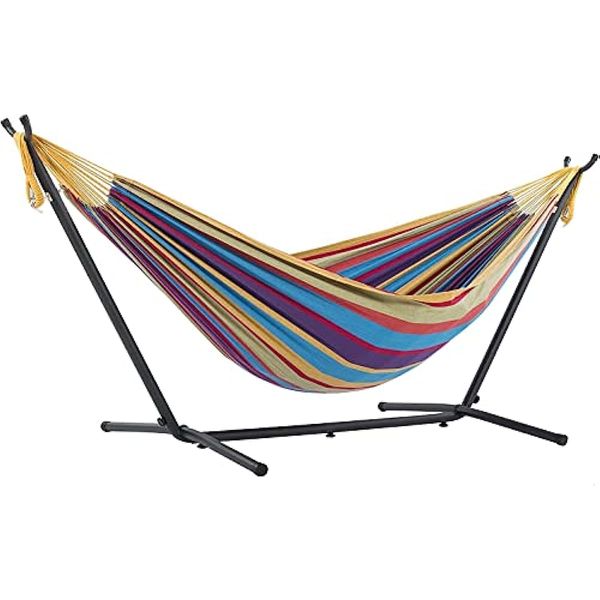 

vivere double cotton hammock with space saving steel stand tropical (450 lb capacity premium carry bag included) camp