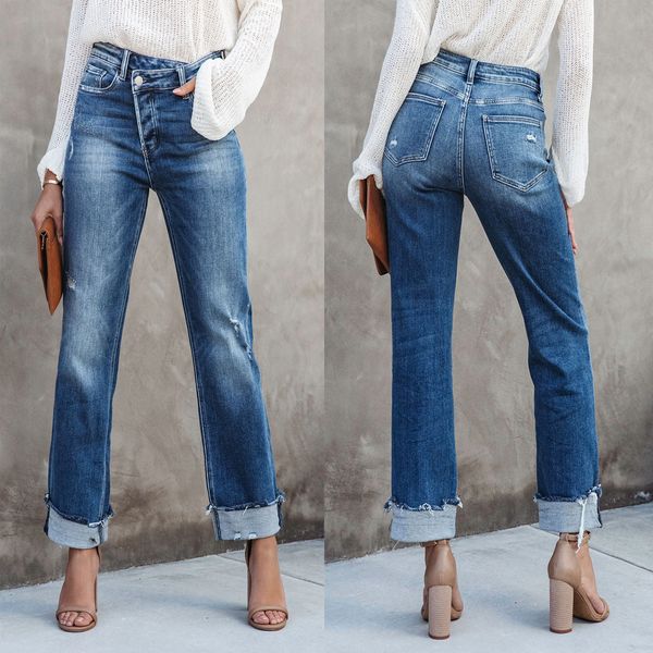 

women straight wide leg jeans dark blue color