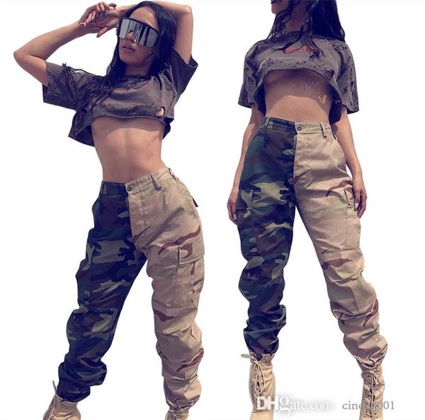 

womens cargo pants fashion personalized color contrast splicing camouflage overalls trousers, Black;white