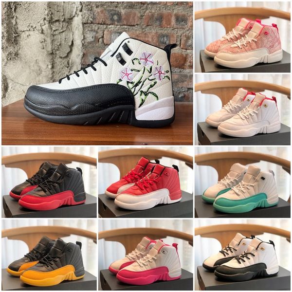 

little and big kids jumpman 12s basketball shoes bred rubber 12 xii taxi dark the master grey blue gym red vivid pink frenchflu game toddler, Black
