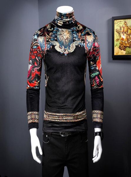 

new autumn and winter men039s gold velvet longsleeved tshirt korean version slim high neck embroidery printed warm botto6673265, White;black