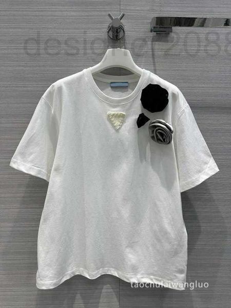 

women's t-shirt designer minority design three-dimensional flower short-sleeved t-shirt qdkq, White