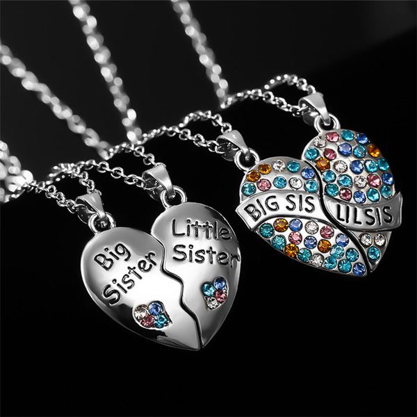 

2pcs /set big little sis heart woman necklace designer jewelry south american silver plated colorful rhinestone pendant necklaces pendants f