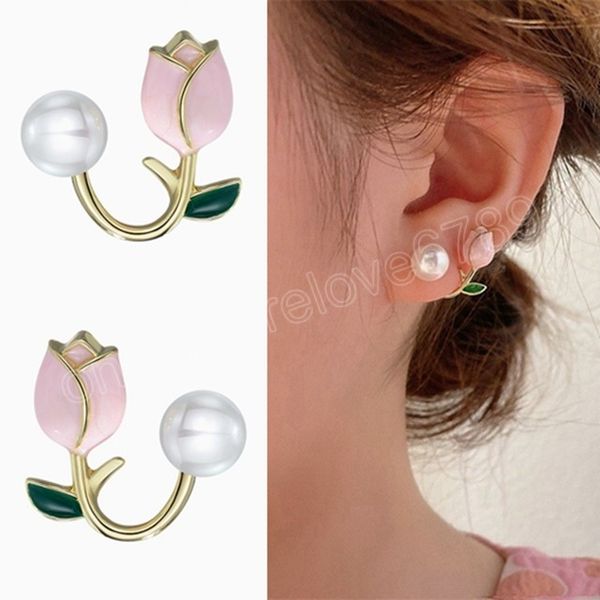 

korean luxury pink tulip flower pearl stud earrings for women korean zircon exquisite earring party wedding jewelry gift, Golden;silver