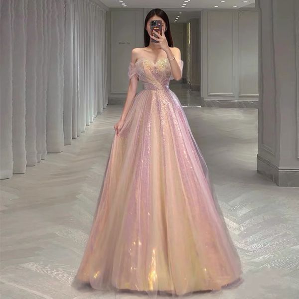 

candy pink prom dresses sparkly beading sweetheart long a line tulle women backless off shoulder ceremony party evening gowns women, Black