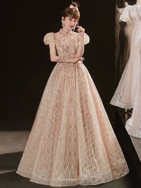 

champagne luxury prom dress applique puff sleeve high neck backless sequin beading princess banquet elegant tulle evening gown for woman, Black