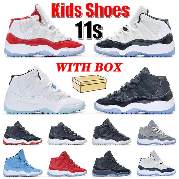 

with box 11s kids children basketball shoes designer jumpman 11 cherry concord legend blue gamma space jam bred cool grey win like youth tod, Black