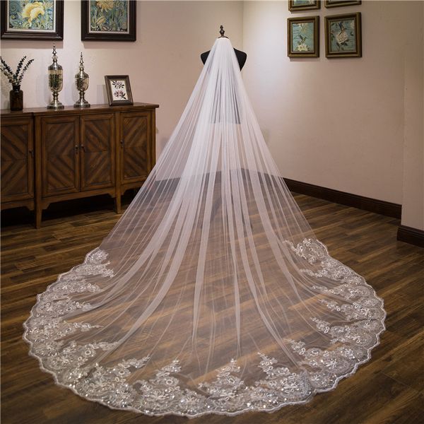 

2023 white ivory lace edge veils cathedral length wedding bridal veil with comb 1 tier long women illusion tulle sequines j0315, Black