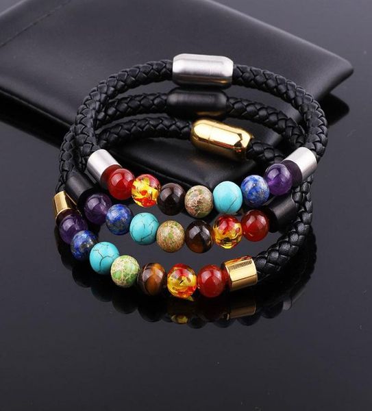 

beaded strands jaravvi design stainless steel magnet clasp natural energy stone 7 chakra genuine leather bracelet men5461969, Black