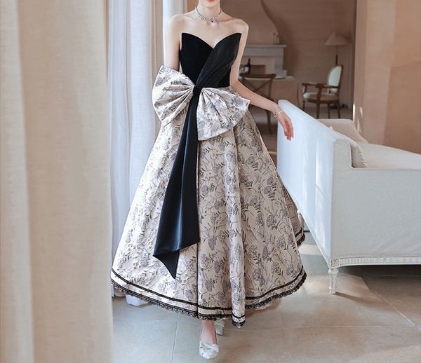 

luxury prom dress hepburn court style print flower sweetheart sleeveless a line ribbon party bowknot ankle length evening gown, Black