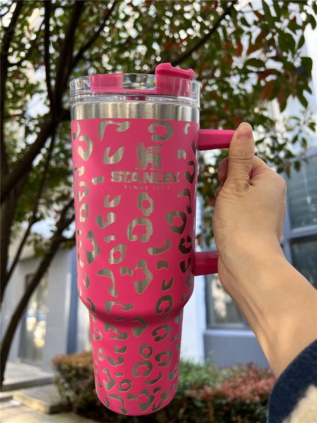

stanley quencher 40oz tumbler leopard print with logo handle lid straw beer mug water bottle powder coating outdoor camping pink blue cups