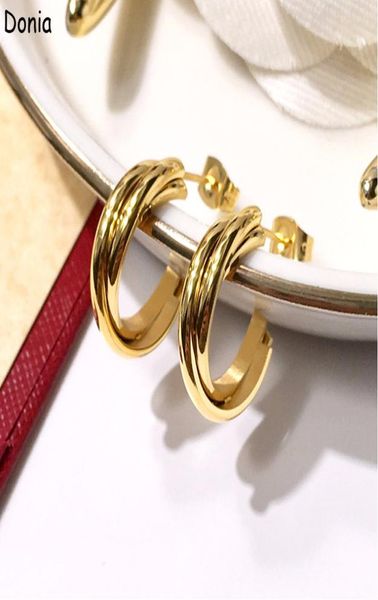 

donia jewelry luxury stud european and american fashion threecircle titanium steel threecolor creative designer earrings gift6019464, Golden;silver
