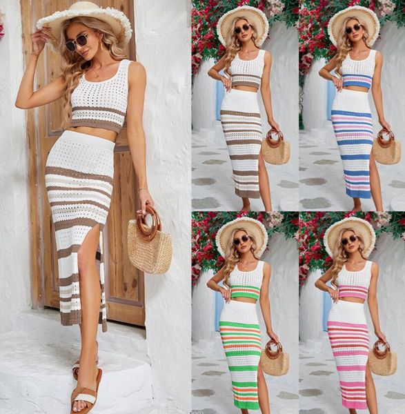 

women's casual dress 2023 summer new square neck striped cut-out suit short vest split long skirt women, Black;gray