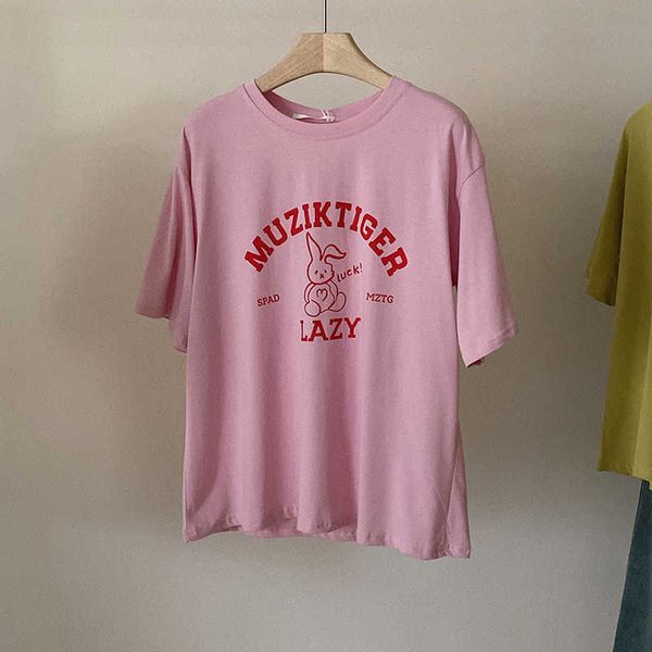 

women cotton blouse letter cartoon round neck short sleeve t-shirt women's summer loose slim icji, White