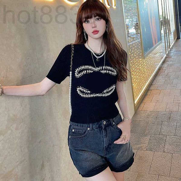 

women's knits & tees designer 23 summer new short black handmade beaded round neck sleeve slim t-shirt y6sd, White