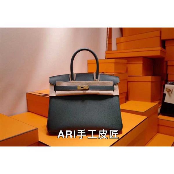 

designer bag birkin ari pure handmade wax thread sewing 30 leather has leather pine and cypress green gold buckle portable women's togo