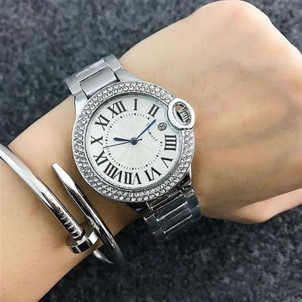 

fashion brand watches women girl crystal dial metal steel band quartz wrist watch clock ca04226b, Slivery;brown