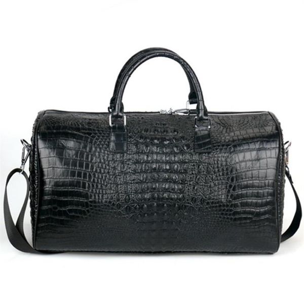 

male genuine leather travel bag large crocodile pattern big fitness handbag luggage drums shoulder business computer bags black me295o