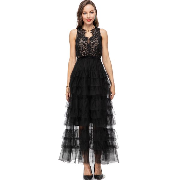 

women's runway dresses v neck sleeveless lace patchwork tiered ruffles fashion designer vestidos, Black
