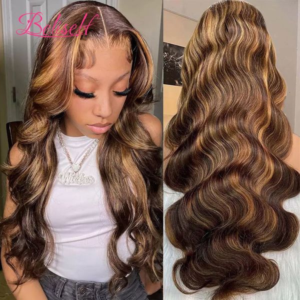 

lace wigs hd transparent front 4 27 highlight wig body wave human hair 13x4 13x6 frontal pre plucked natural hairline 230314, Black;brown