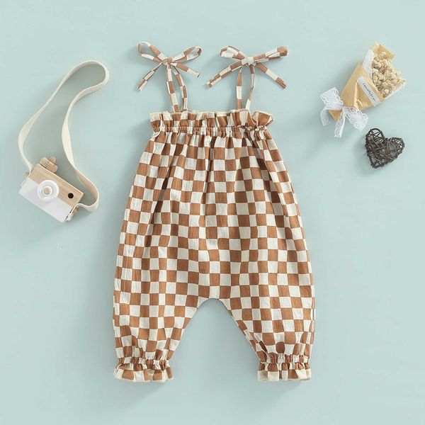 

rompers citgeett summer infant baby girls casual jumpsuit plaid pattern sleeveless tie-up strap romper clothes suit l230314, Blue