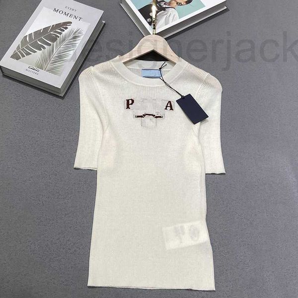 

women's t-shirt designer summer women's round-neck knitting short-sleeved letter t-shirt temperament slimming wool material q3l2, White