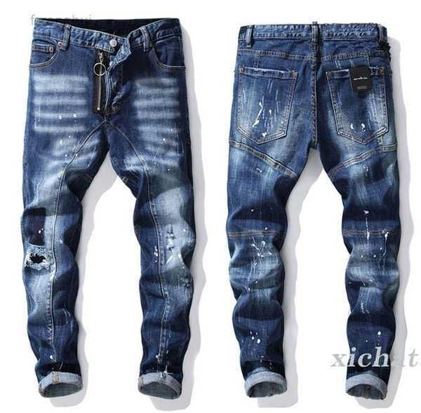 

jeans fashion printed slim fit skinny straight leg washed frayed motocycle denim pants hip hop stretch biker trousers 1201 zrzm, Blue