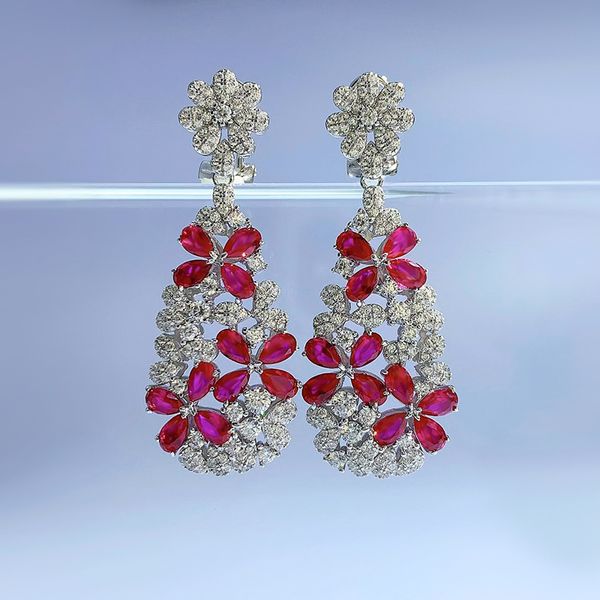 

valuable 100% real 925 sterling silver dangle earring ruby diamond jewelry engagement wedding drop earrings for women bridal