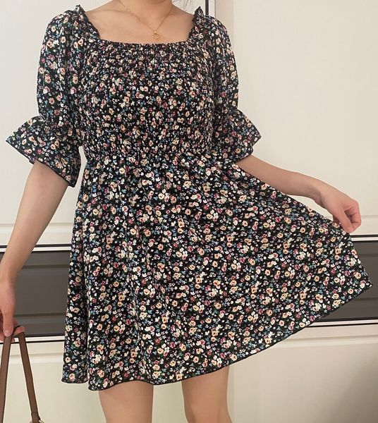 

off shoulder floral lantern sleeve corset casual dress, Black