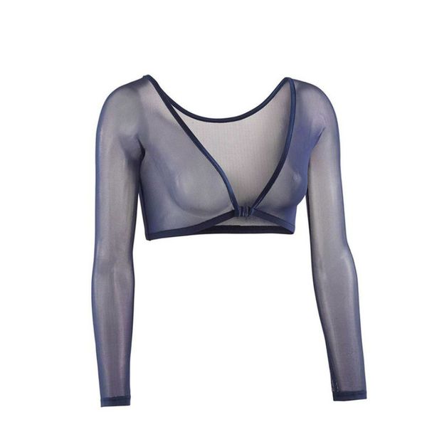 

new mesh medela bustier long-sleeved bottom shirt with short exposed navel mesh perspective cardigan and comfortable fit, Black;white