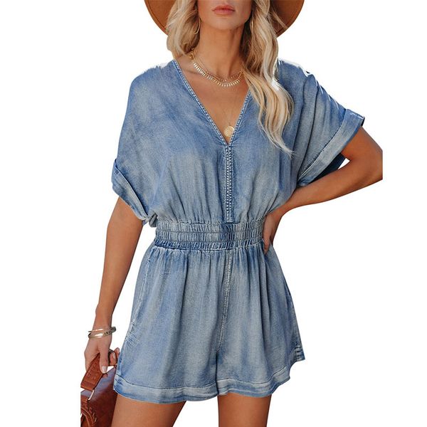 

v-neck short sleeves women's rompers washed denim color loose shorts short pants casual jumpsuits ruched elastic waist slant pockets ro, Black;white