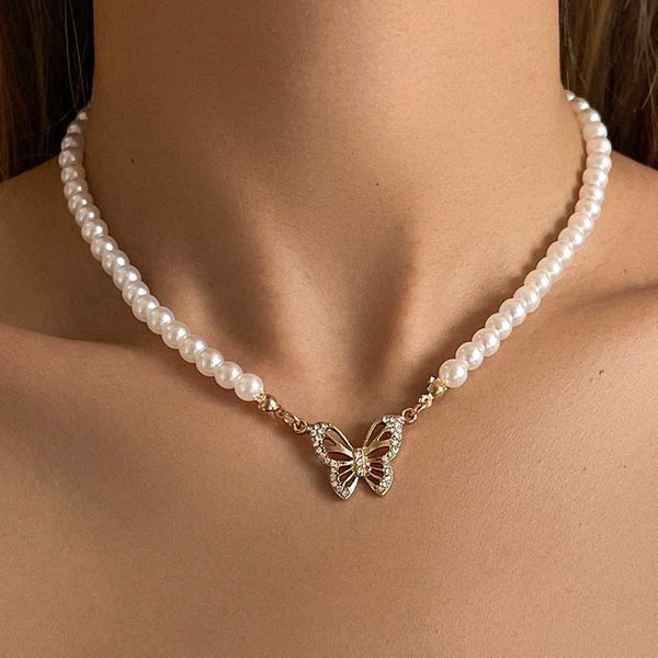 

chokers rhinestone butterfly artificial pearl chain choker necklace for women girls beads clavicle chain aesthetic wedding jewelry gift y230, Golden;silver