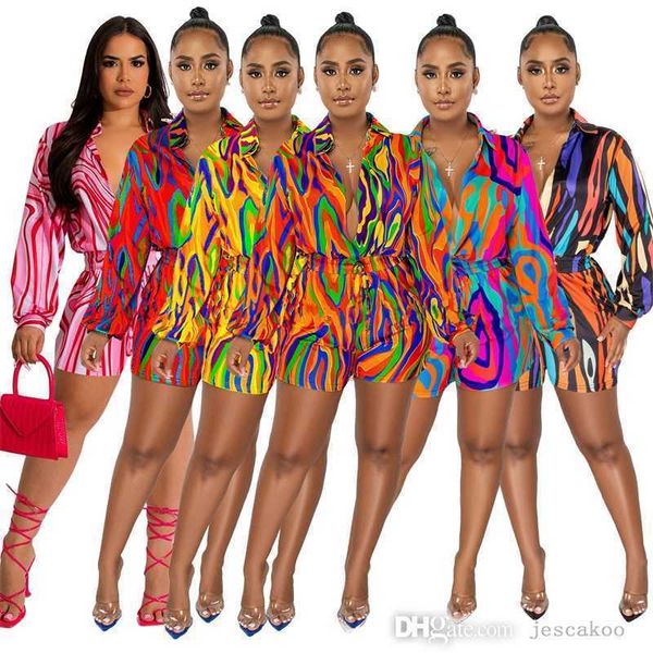 

2023 new women shorts jumpsuits fashion printed long sleeved shirt collar rompers one piece clothing nightclub, Black;white