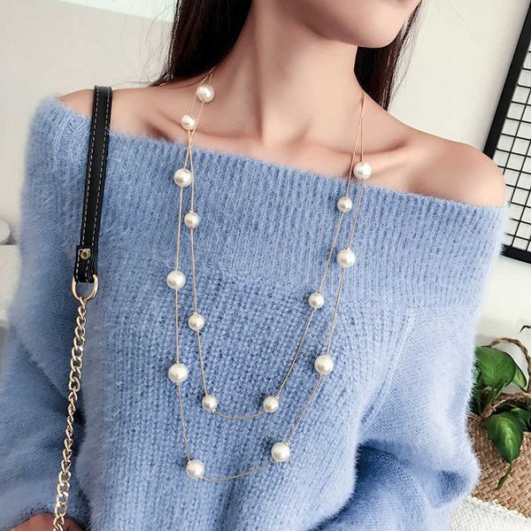 

chokers new long double layer simulated pearl necklace women sweater chain necklace female collares statement jewlery wholesale 2022 y2303, Golden;silver