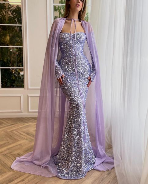 

lavender lilac princess mermaid evening dresses with long cape gillter beaded sequins prom occasion gown vestidos de ceremonia, Black;red