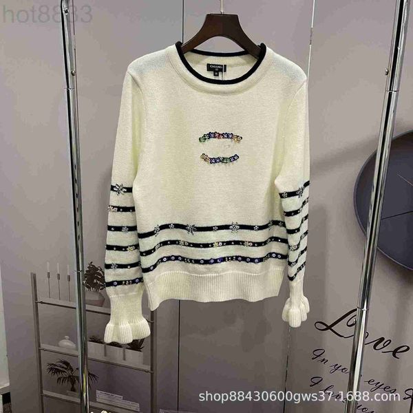 

women's knits & tees designer 2023 early spring temperament high edition south oil handmade nail bead drill stripe white knitted wool p