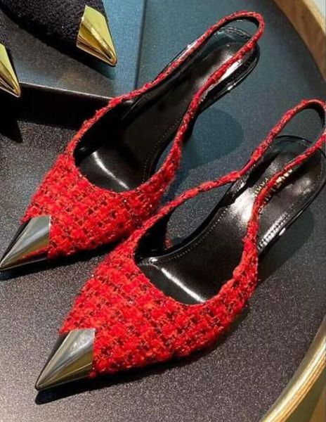 

summer opyum women sandals dress shoes brand high heels pumps slingback vesper sling back boucle tweed black white red pointy toe 35-42 fast