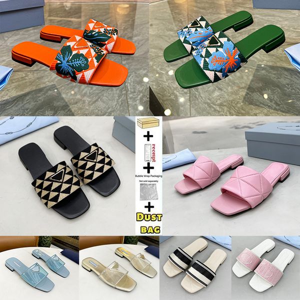 

2023 black beige embroidered fabric slides slippers multi-color embroidery mules for woman home flip flops sandals leather flat slide rubber