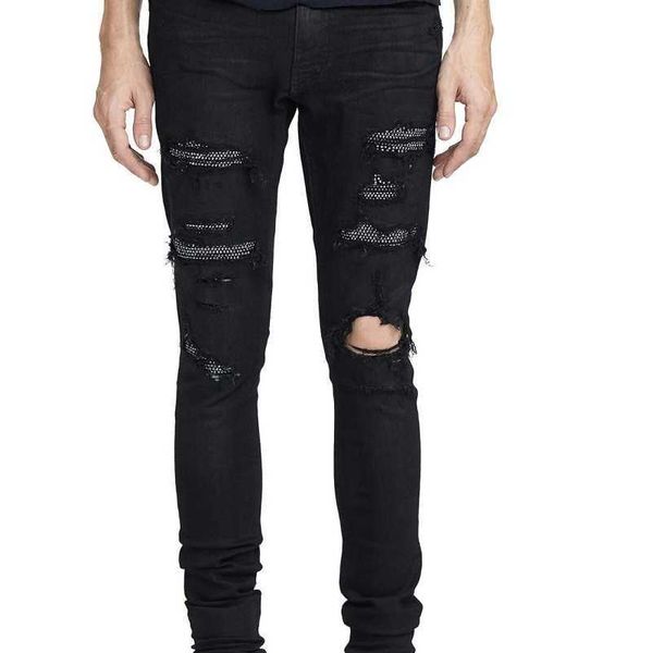 

jeans mens am1r1 trousers pants mirri ripped fashion designer brand new high-street black diamond elastic hole slim men hip hop high st bcrt, Blue