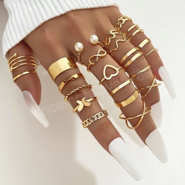 

boho gold color heart rings set for women vintage geometric cross pearl butterfly finger rings female trendy jewelry gift, Silver