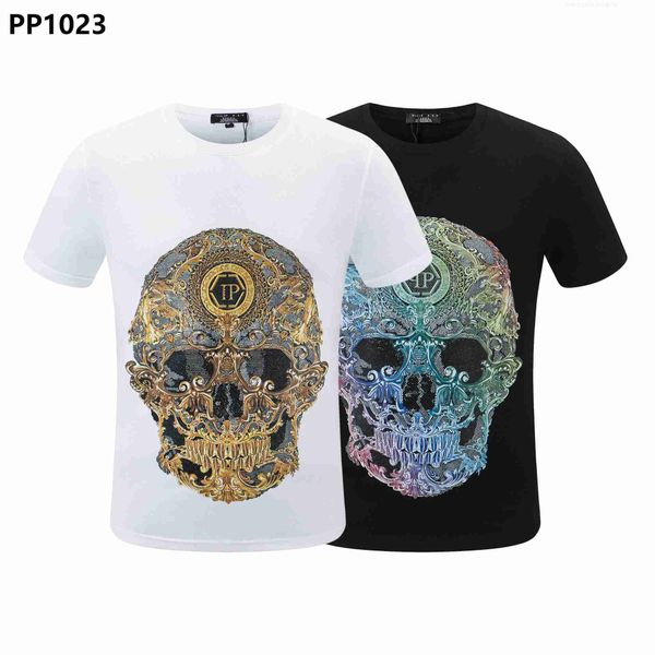 

luxury philippuep lein brand philip plaine spring summer sleeve round neck domineering personality pp printing skull men's short t desi, White;black