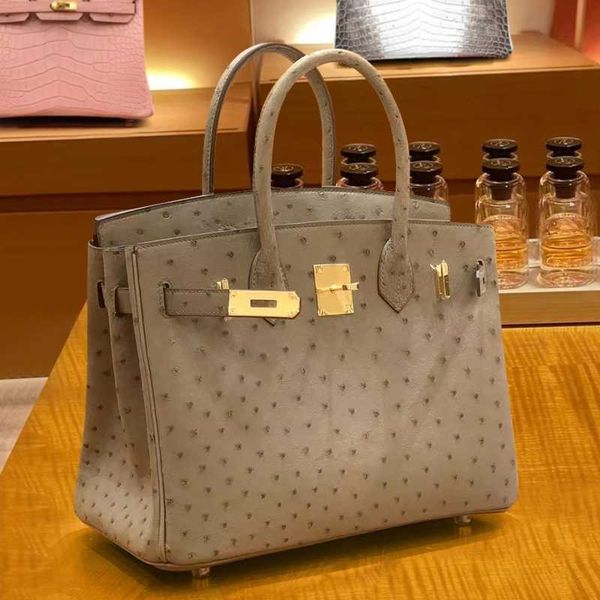 

bags genuine birkins handmade bag 25/30 south africa ostrich leather elephant gray portable women's bag leather