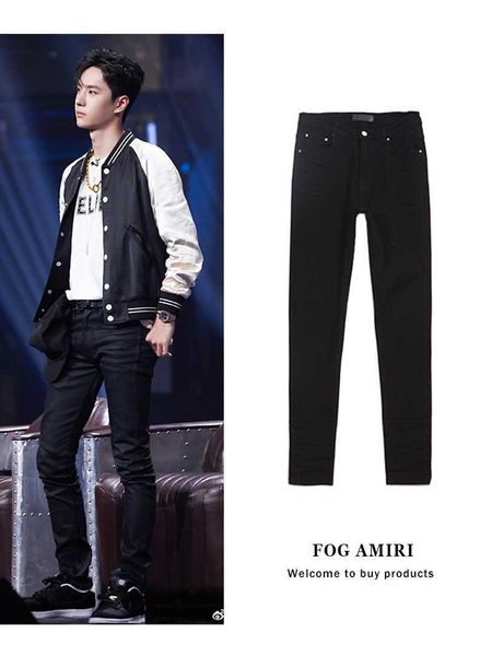 

jeans mens am1r1 trousers pants mirri ripped fashion designer brand fog black basic versatile slim fit elastic denim men's high street, Blue
