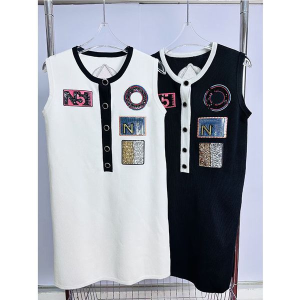 

2023 casual dresses runway designer women's single breasted elegant sleeveless dress women fashion letter sequin knit mini dresses knit, Black;gray