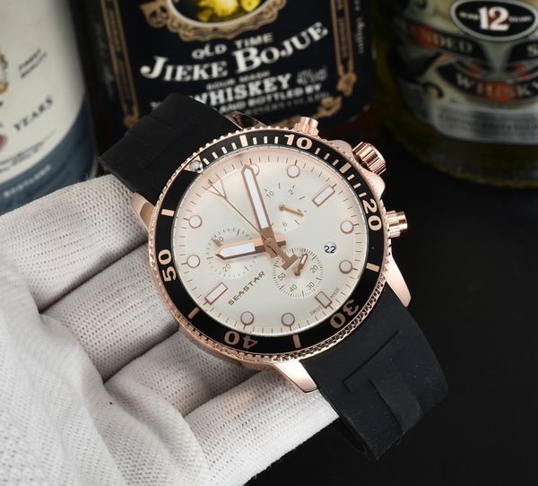 

2023 luxury mens watches all six-needle working series with calendar function quartz watch luxury brand wristwatches round rubber belt fashi, Slivery;brown