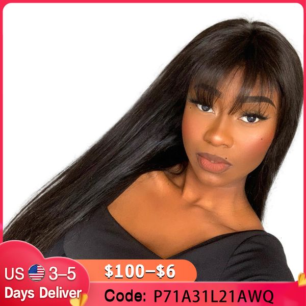 

synthetic wigs straight lace front with bangs long 13x4 frontal 4x4 closure hd part virgin human hair bang fringe 230314, Black