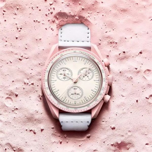 

mens watches bioceramic planet moon watch full function quarz chronograph movement watches waterproof luminous leather strap wristwatches wi, Slivery;brown