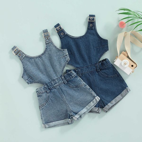 

rompers citgeett summer kids girl playsuit sleeveless shoulder straps waist denim romper casual jumpsuit clothes l230314, Blue