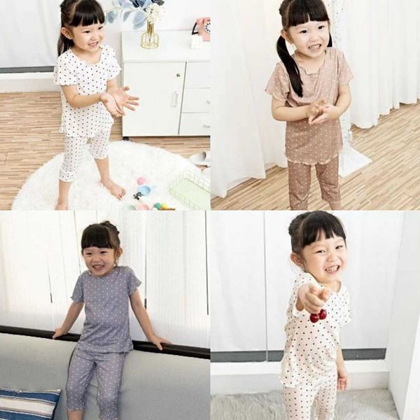 

clothing sets children's home air conditioning clothing set short-sleeved tee short polka dot print clothes suit causal baby girls paja, White