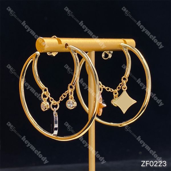 

luxury clover studs earrings diamond gold hoop earrings big circle pendant eardrops crystal clovers dangler with box birthday lover gift, Golden;silver
